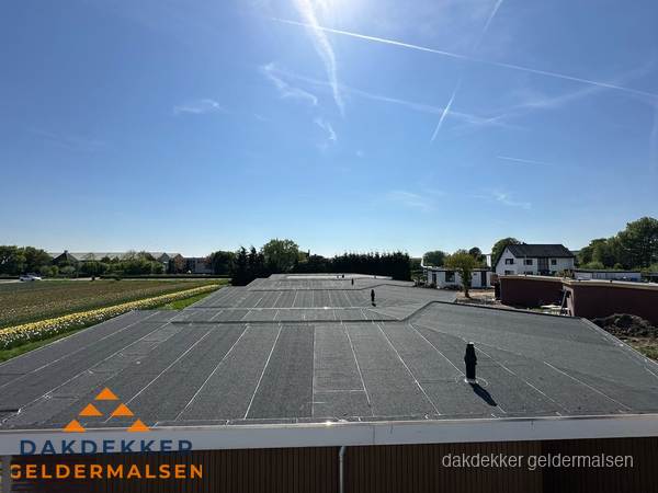 Groot plat dak met bitumen dakbedekking op bedrijfspand in Geldermalsen