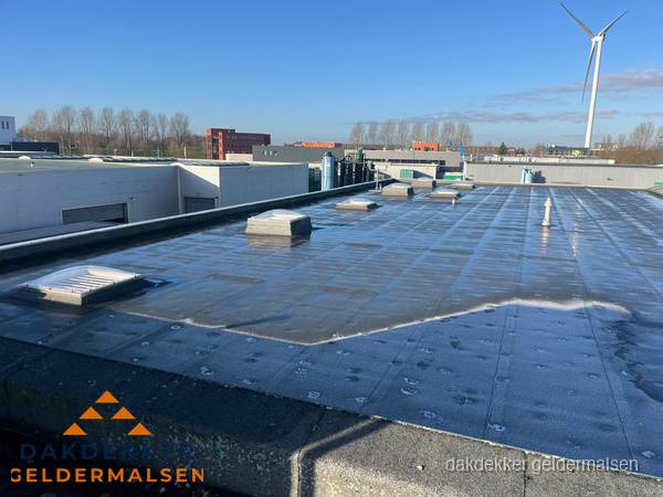 Plat dak bedrijfspand met bitumen dakbedekking en lichtkoepels in Geldermalsen